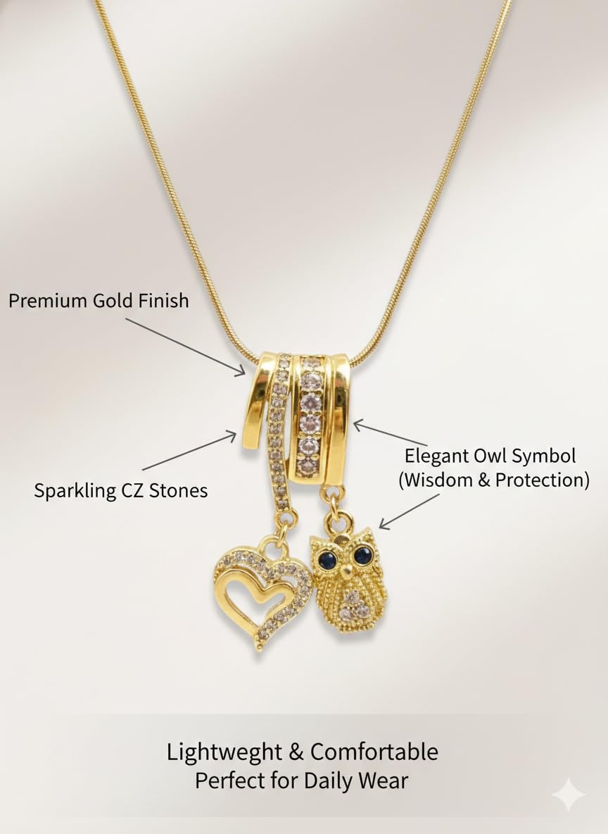 Anti Tarnish Trendy Gold Plated Pendant Crystal Heart & Owl Necklace