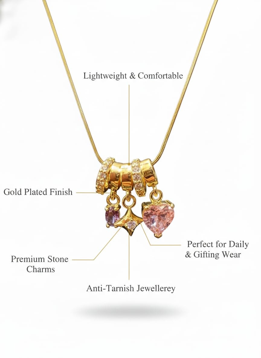 Anti Tarnish Pendant Necklace for Women | Gold Plated Multi Stone Locket| 3 Stone Heart Charm Necklace