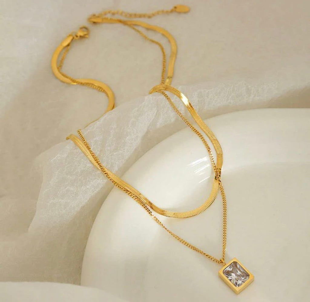 18K Gold Plated Double Layer Necklace Snake Chain | Green & White Stone Pendant