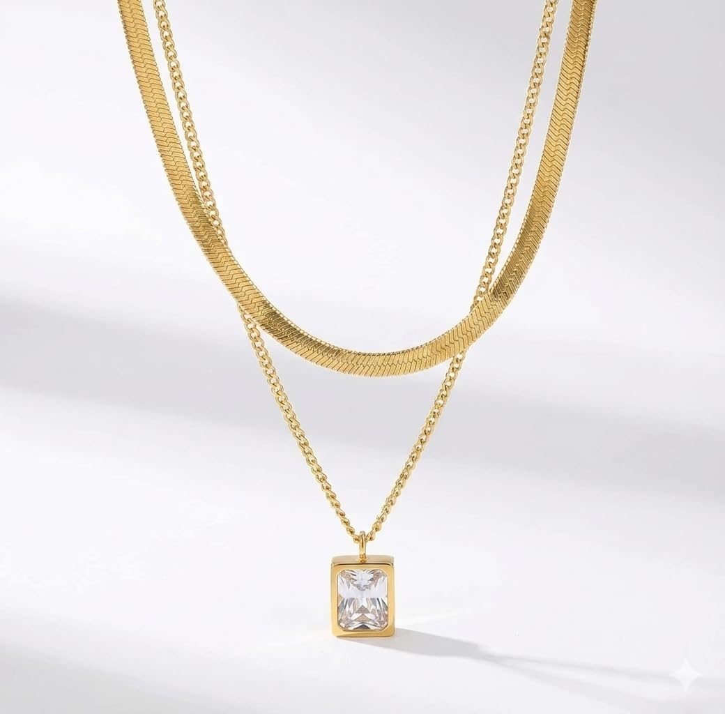 18K Gold Plated Double Layer Necklace Snake Chain | Green & White Stone Pendant