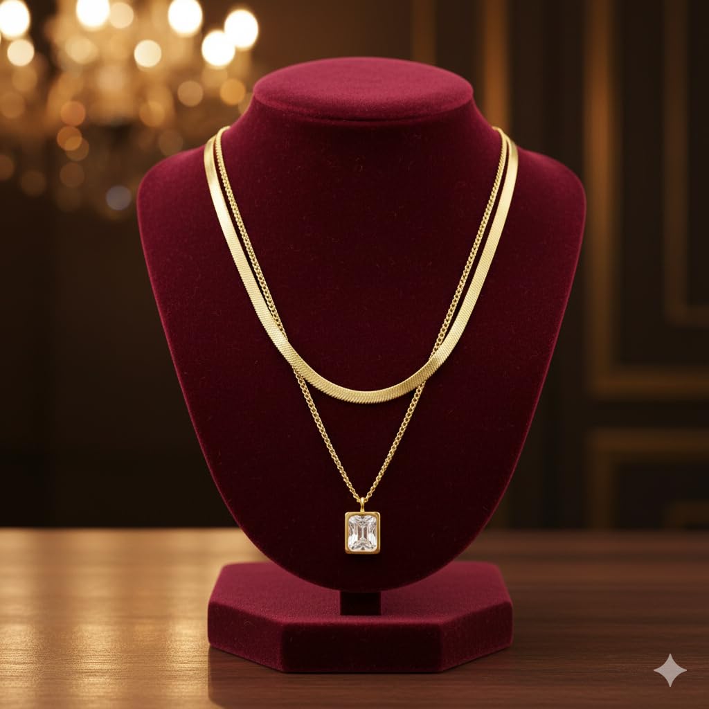 18K Gold Plated Double Layer Necklace Snake Chain | Green & White Stone Pendant