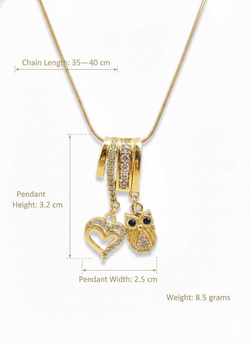 Anti Tarnish Trendy Gold Plated Pendant Crystal Heart & Owl Necklace