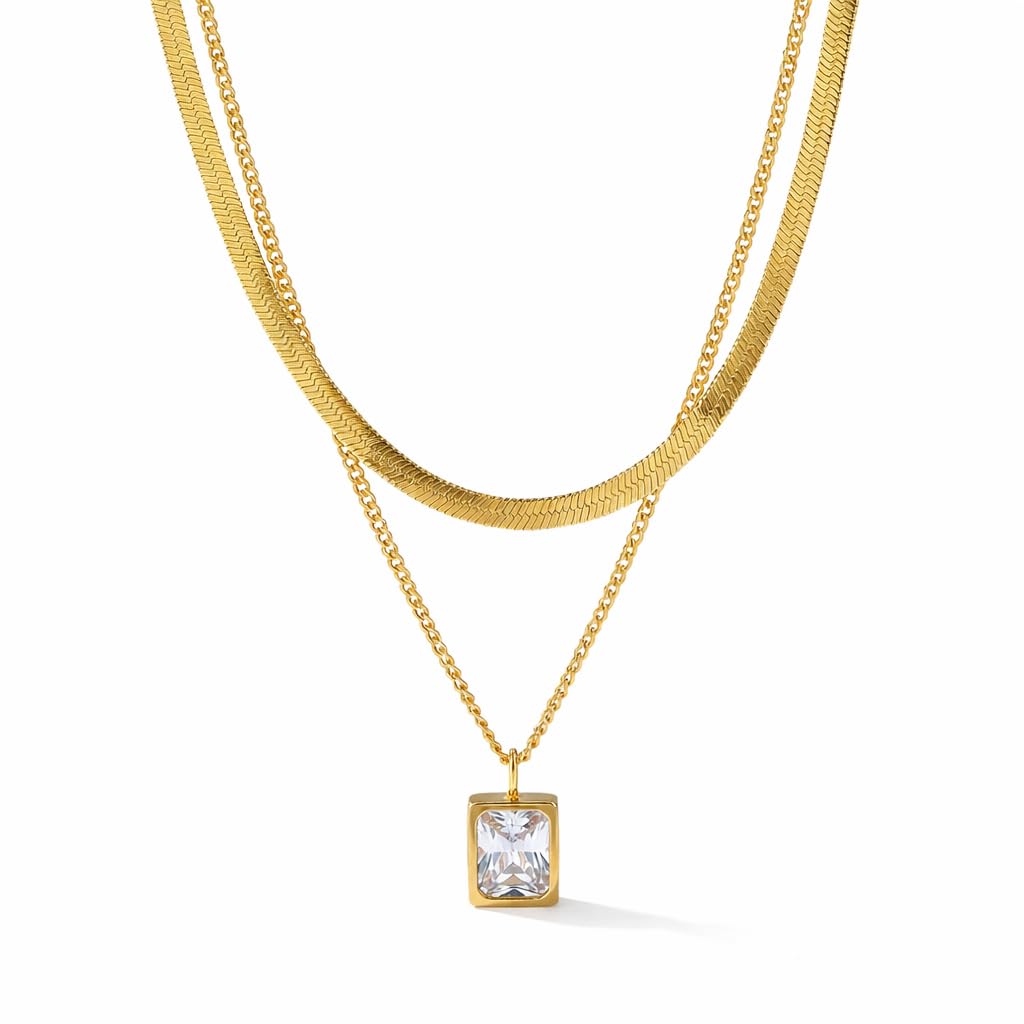 18K Gold Plated Double Layer Necklace Snake Chain | Green & White Stone Pendant
