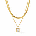 18K Gold Plated Double Layer Necklace Snake Chain | Green & White Stone Pendant
