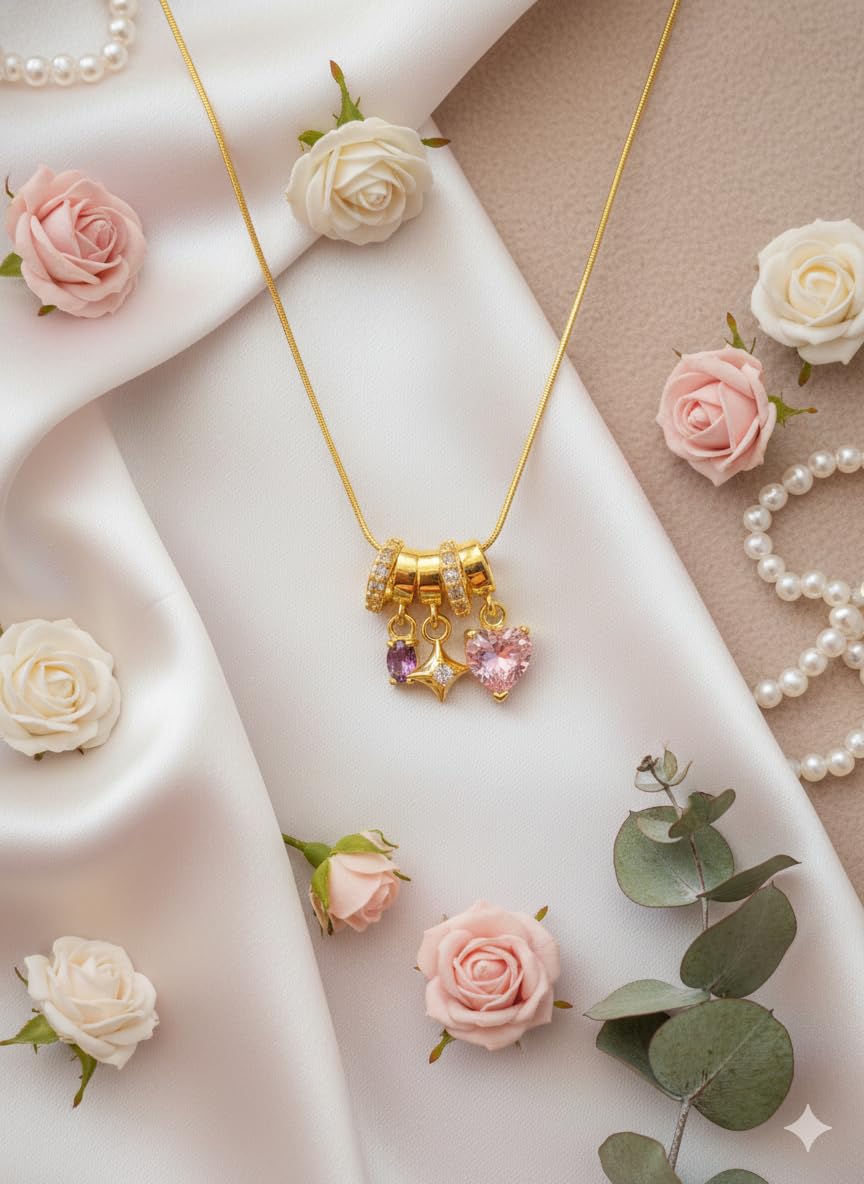 Anti Tarnish Pendant Necklace for Women | Gold Plated Multi Stone Locket| 3 Stone Heart Charm Necklace