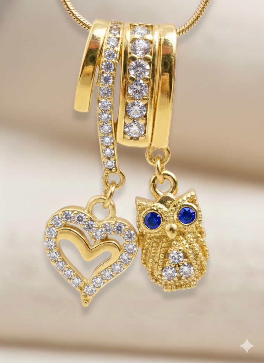 Anti Tarnish Trendy Gold Plated Pendant Crystal Heart & Owl Necklace