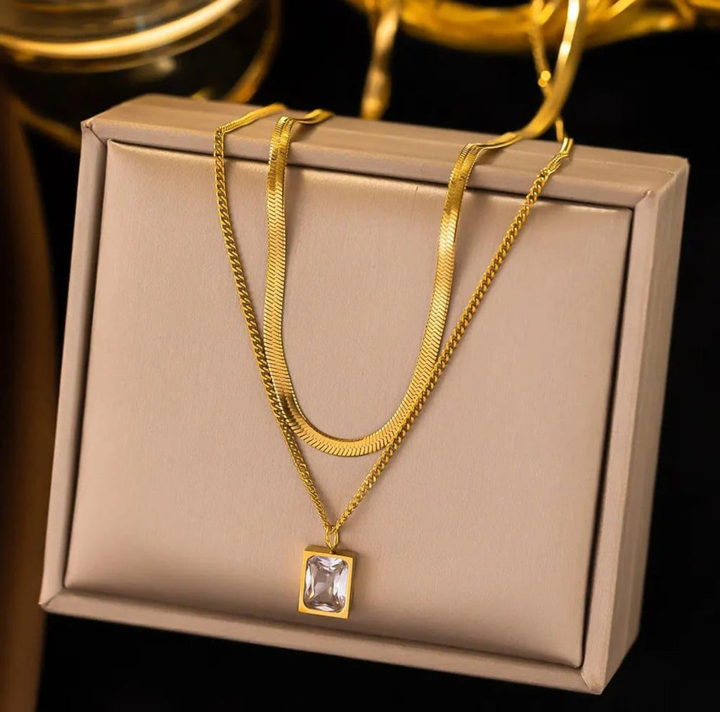 18K Gold Plated Double Layer Necklace Snake Chain | Green & White Stone Pendant