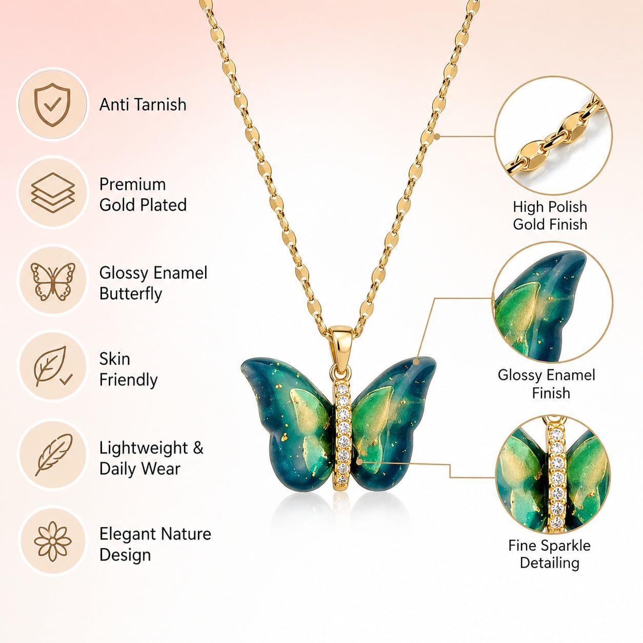 Butterfly Pendant Necklace Stylish Golden Necklace Anti Tarnish