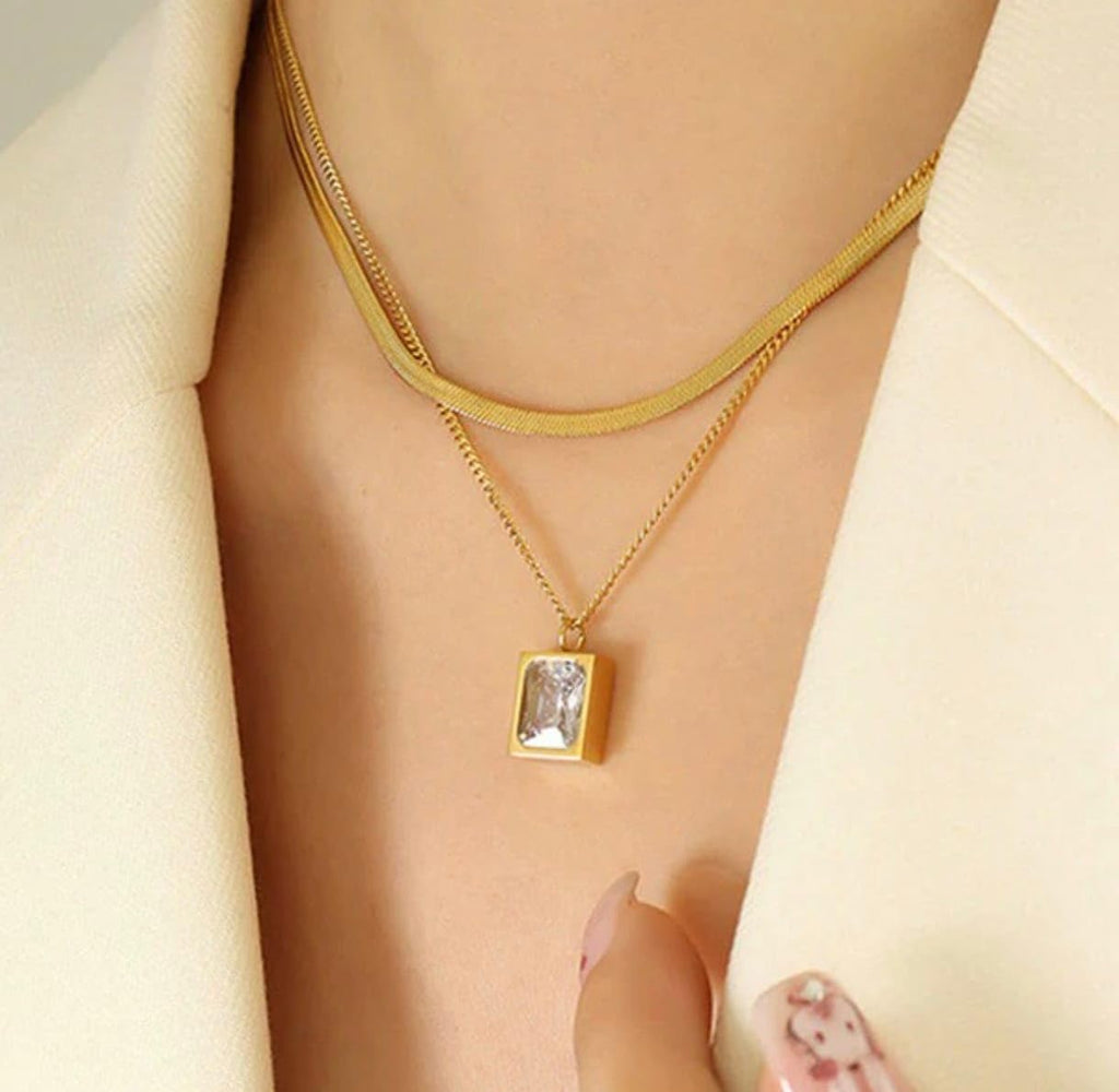 18K Gold Plated Double Layer Necklace Snake Chain | Green & White Stone Pendant