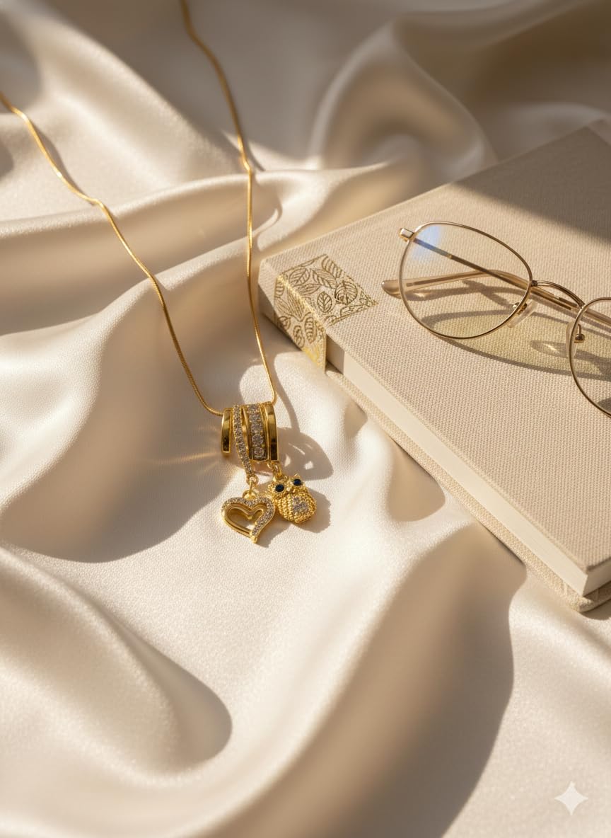 Anti Tarnish Trendy Gold Plated Pendant Crystal Heart & Owl Necklace