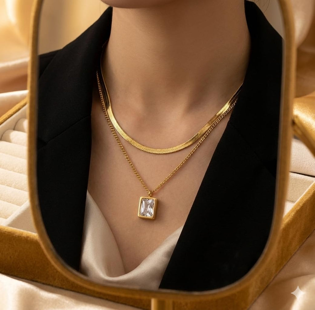 18K Gold Plated Double Layer Necklace Snake Chain | Green & White Stone Pendant