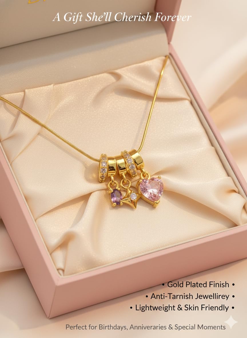Anti Tarnish Pendant Necklace for Women | Gold Plated Multi Stone Locket| 3 Stone Heart Charm Necklace