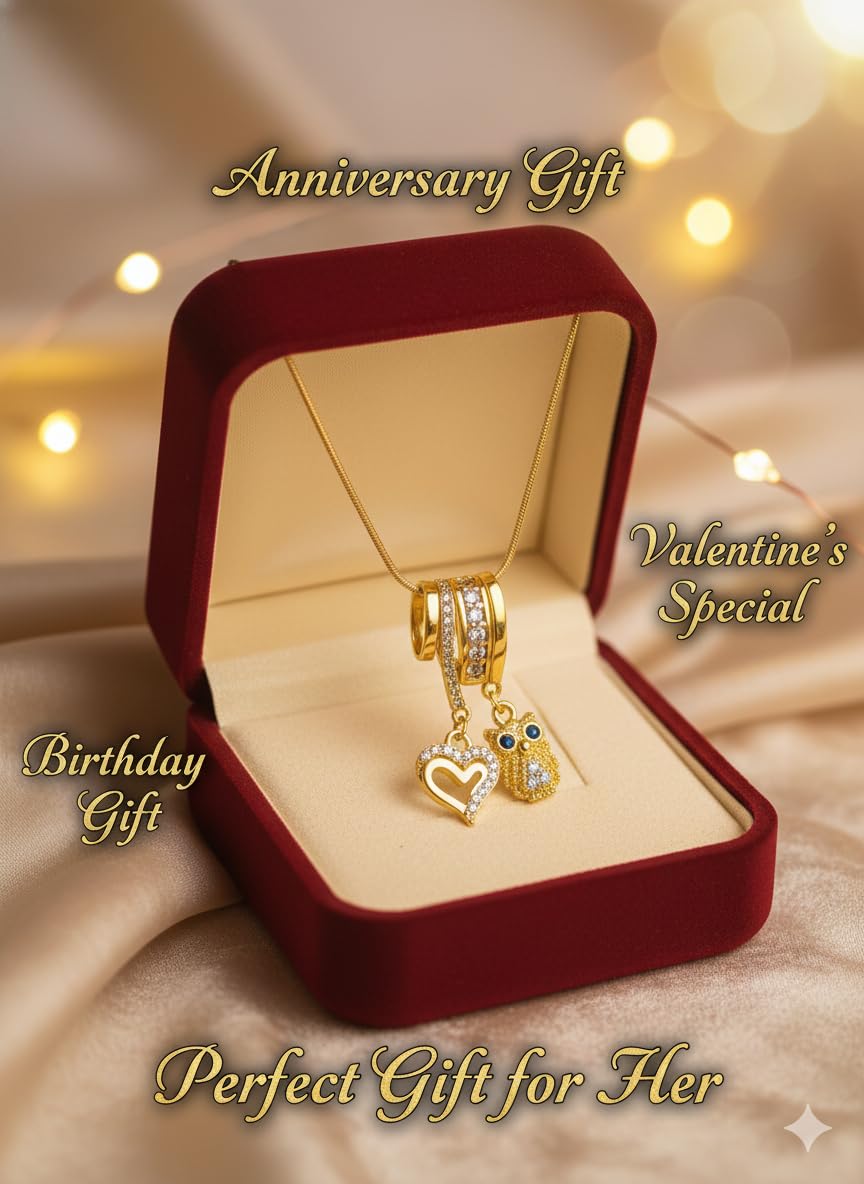 Anti Tarnish Trendy Gold Plated Pendant Crystal Heart & Owl Necklace