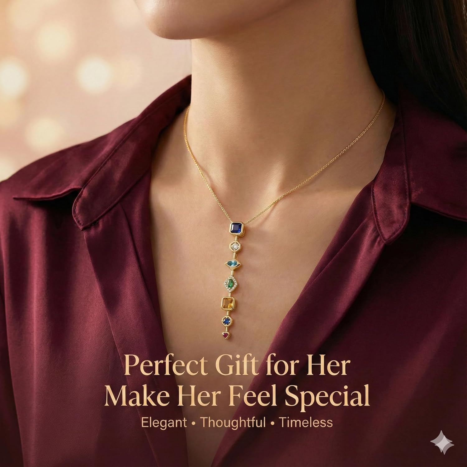7 Stone Multi-Color Elegant Chain Anti Tarnish Pendant Necklace