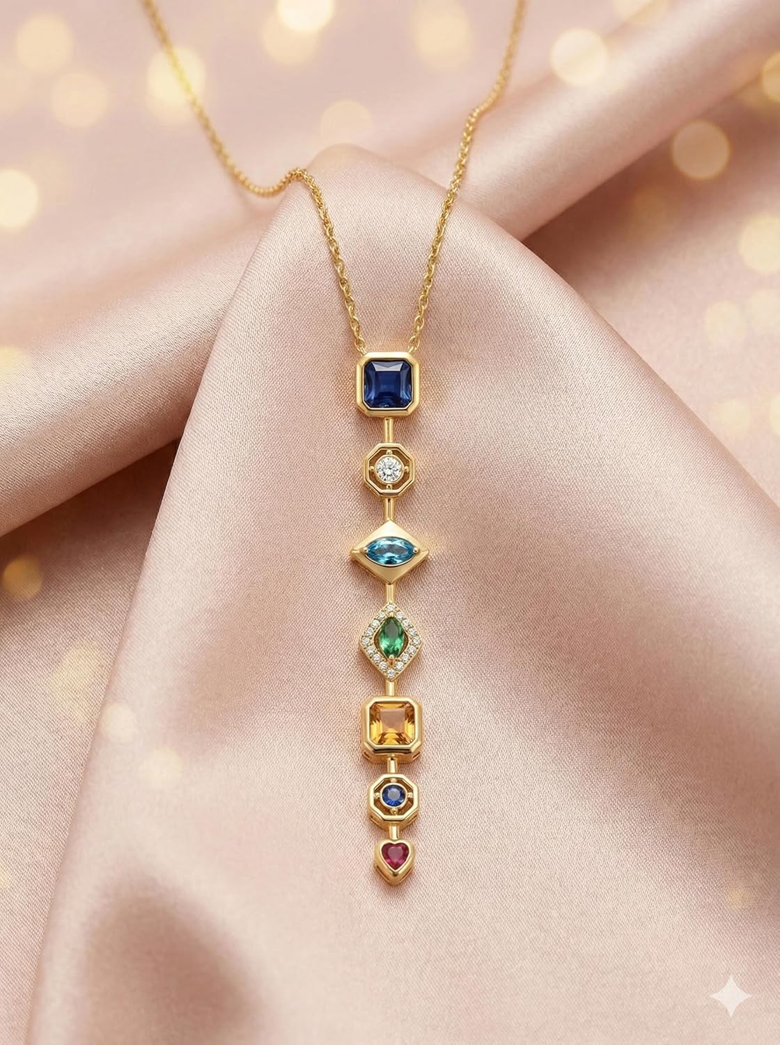 7 Stone Multi-Color Elegant Chain Anti Tarnish Pendant Necklace