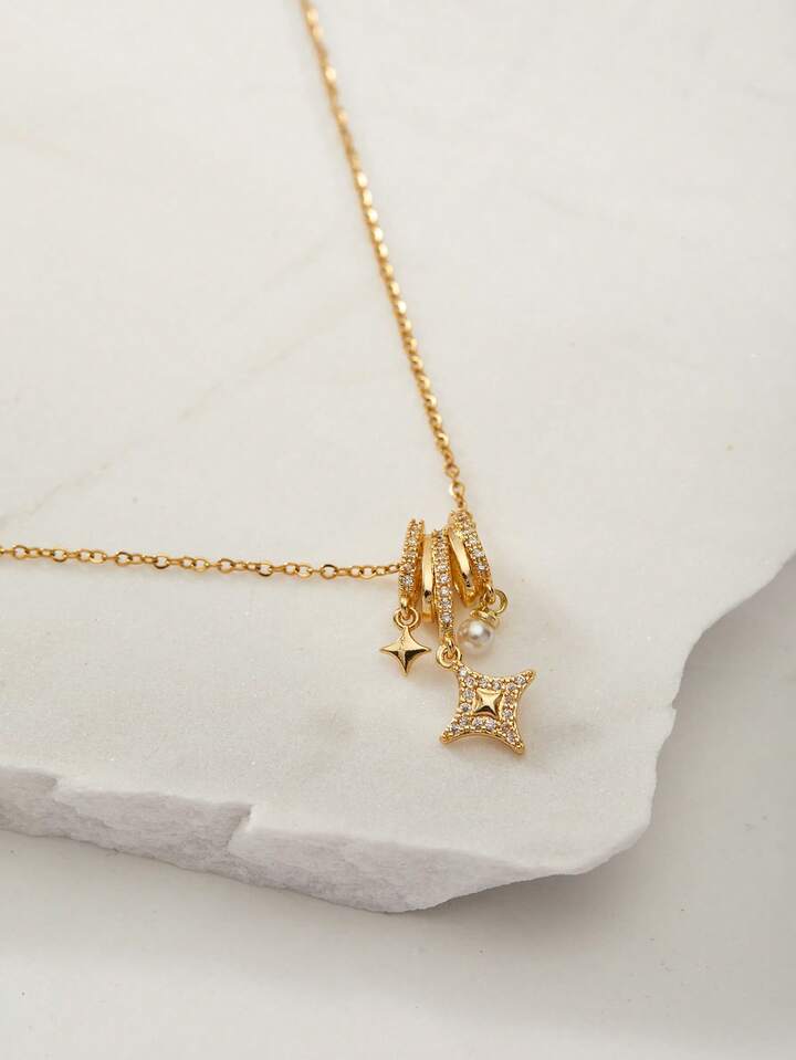 Star Pearl Pendant Necklace – 18K Gold Tone