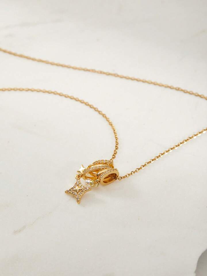 Star Pearl Pendant Necklace – 18K Gold Tone
