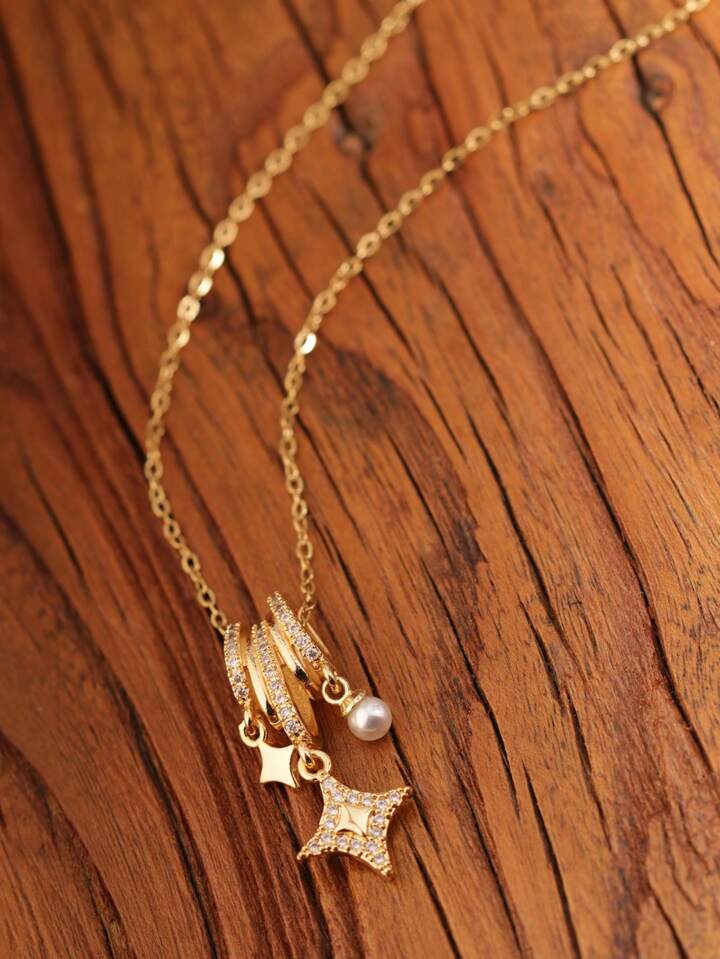 Star Pearl Pendant Necklace – 18K Gold Tone
