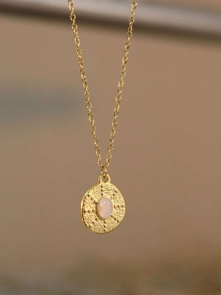 Pink Stone Pendant Necklace – Gold Tone Waterproof