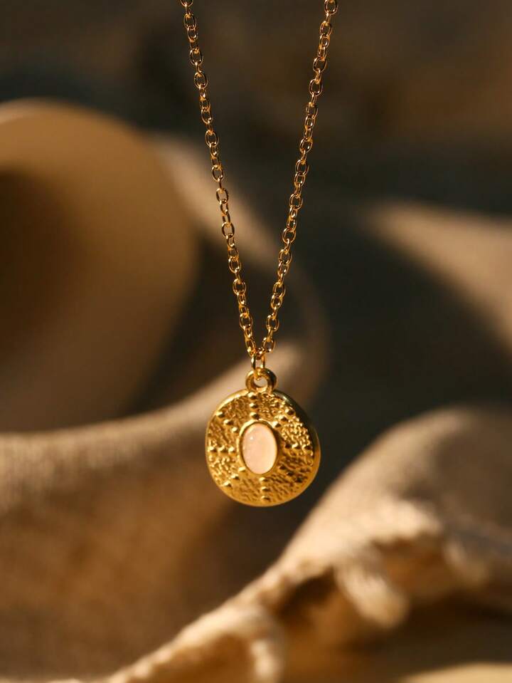 Pink Stone Pendant Necklace – Gold Tone Waterproof