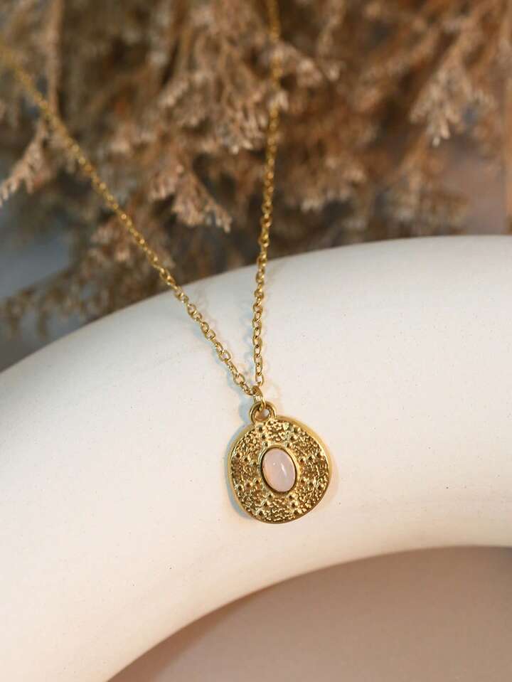 Pink Stone Pendant Necklace – Gold Tone Waterproof