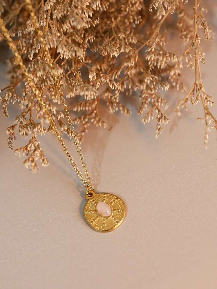 Pink Stone Pendant Necklace – Gold Tone Waterproof