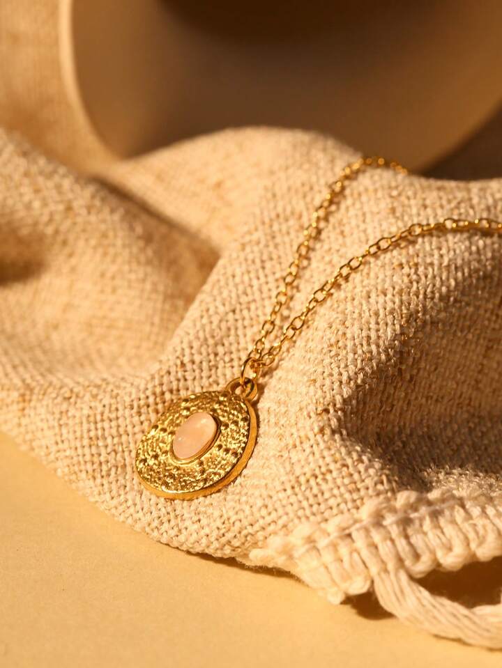 Pink Stone Pendant Necklace – Gold Tone Waterproof