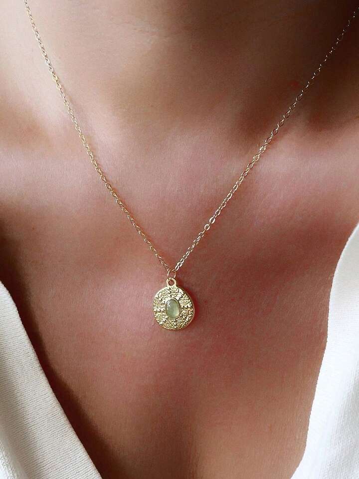 Pink Stone Pendant Necklace – Gold Tone Waterproof