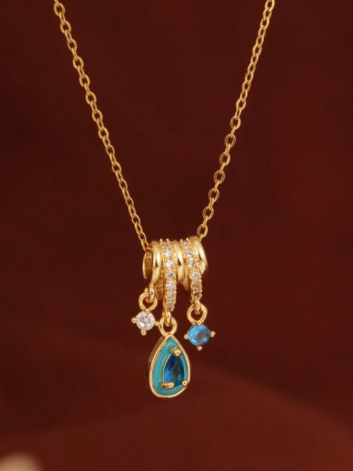 Ice Blue Teardrop Pendant Necklace – 18K Gold Tone