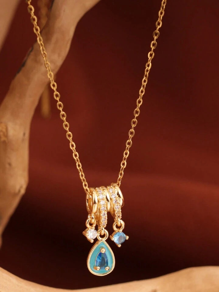 Ice Blue Teardrop Pendant Necklace – 18K Gold Tone