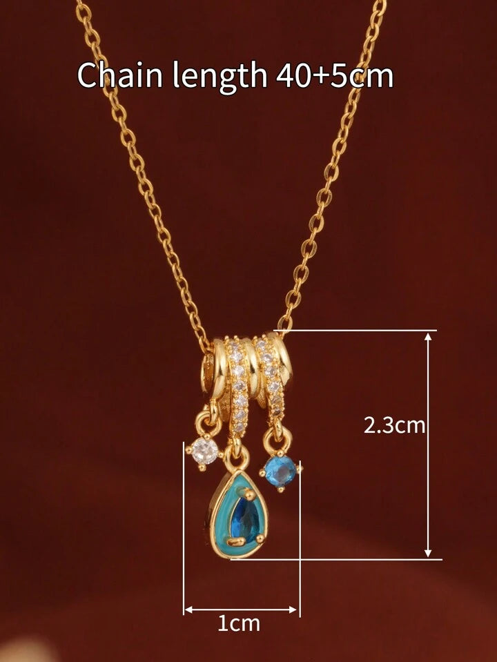 Ice Blue Teardrop Pendant Necklace – 18K Gold Tone