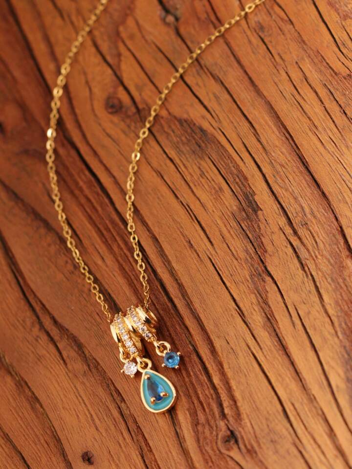Ice Blue Teardrop Pendant Necklace – 18K Gold Tone