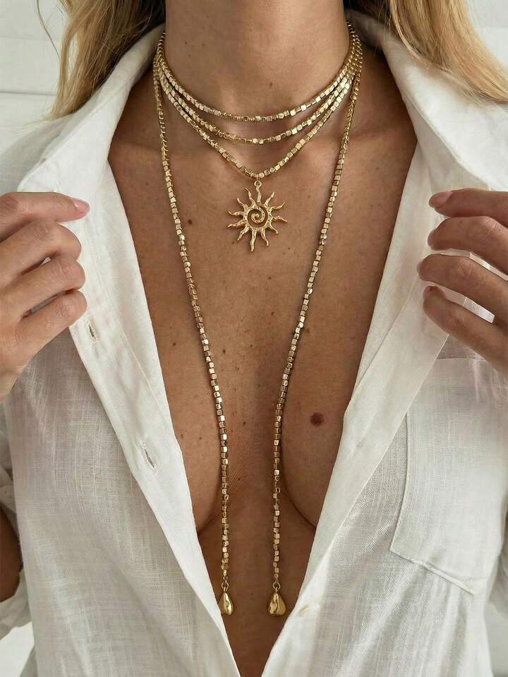 Vintage Coin Sun Y-Shaped Necklace – Layered Choker