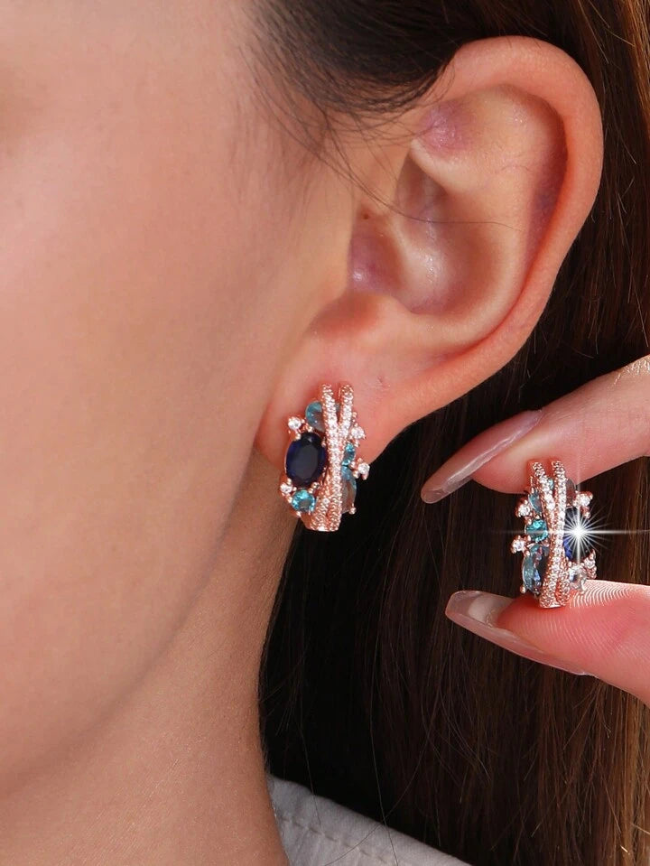 Luxury Blue & White Cubic Zirconia Round Earrings