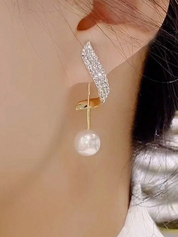 Elegant Faux Pearl & Rhinestone Long Earrings