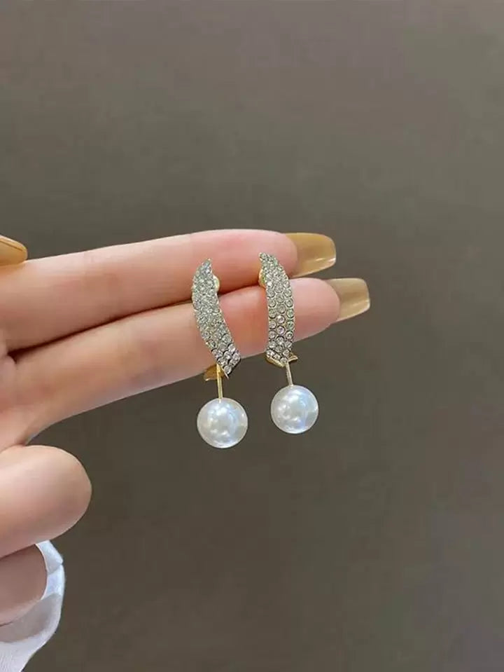 Elegant Faux Pearl & Rhinestone Long Earrings