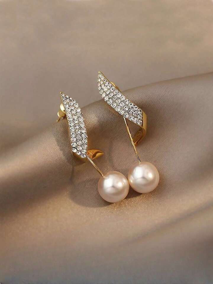 Elegant Faux Pearl & Rhinestone Long Earrings