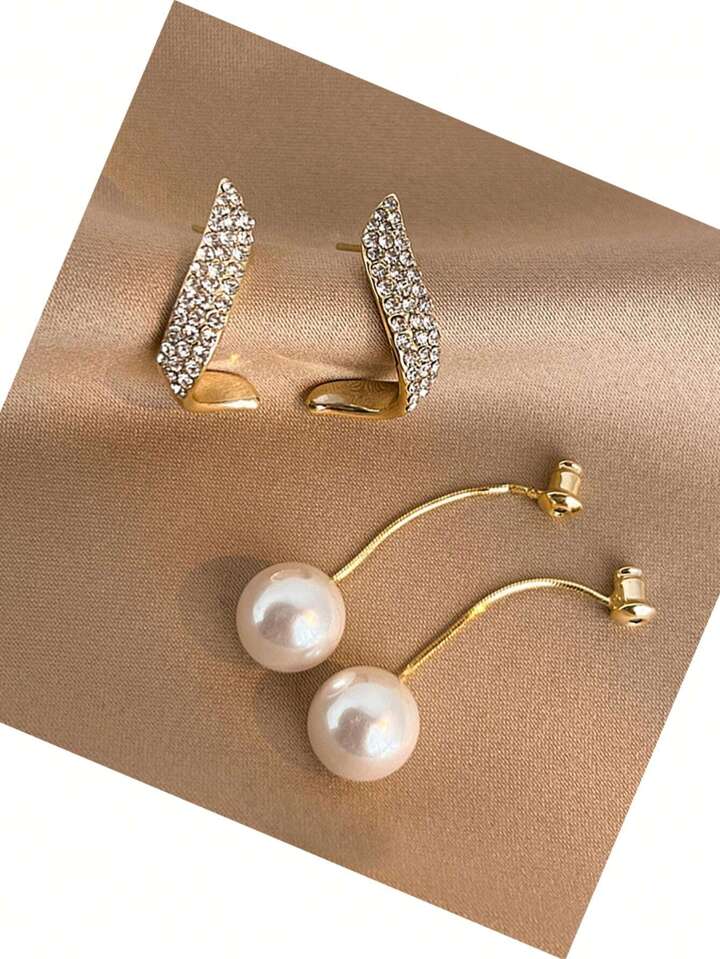 Elegant Faux Pearl & Rhinestone Long Earrings