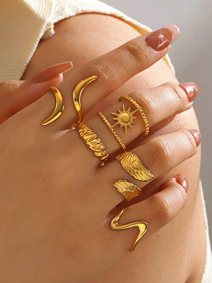 5PCS Stainless Steel 18K Gold Plated Open Rings Set