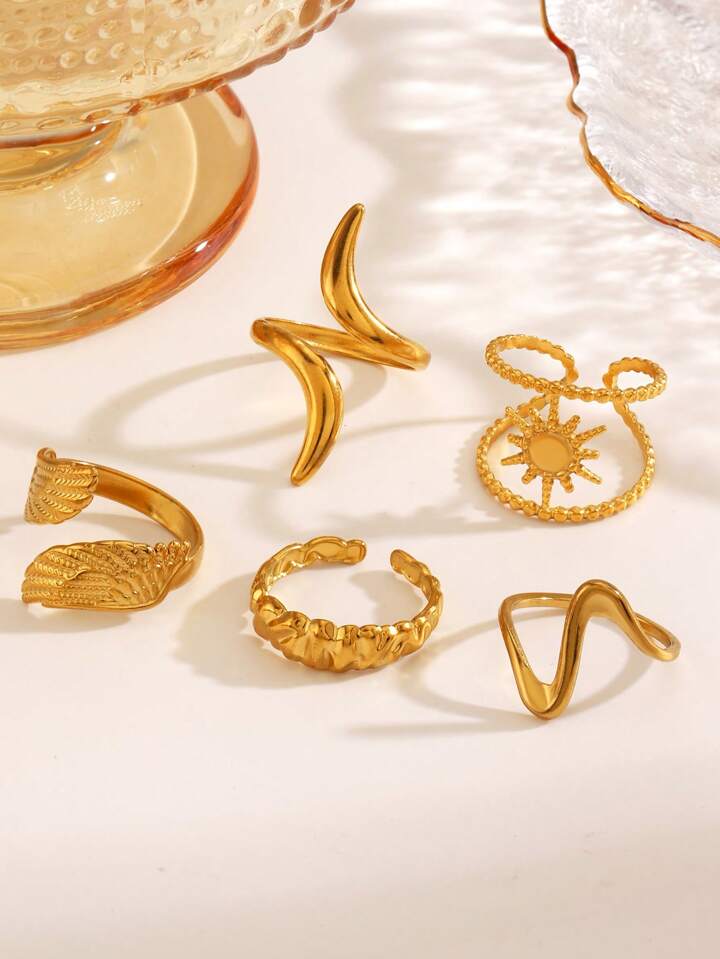 5PCS Stainless Steel 18K Gold Plated Open Rings Set