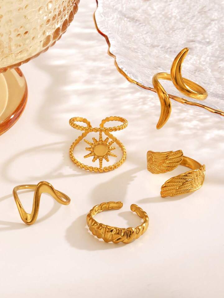 5PCS Stainless Steel 18K Gold Plated Open Rings Set