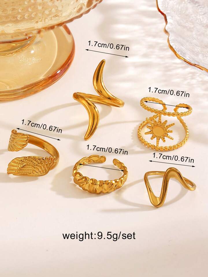 5PCS Stainless Steel 18K Gold Plated Open Rings Set