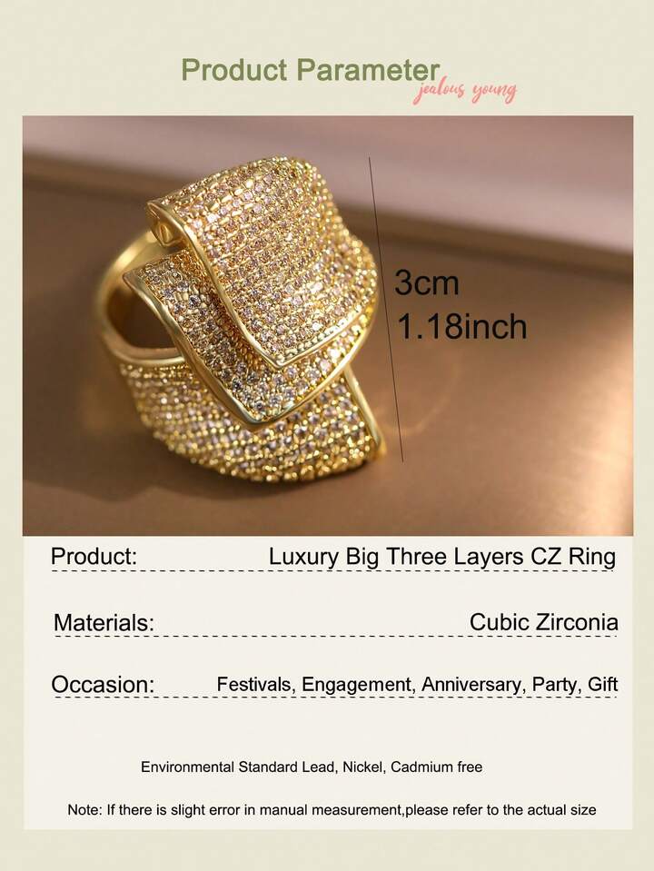 Gold Plated Triple Layer Adjustable Fashion Ring for Women