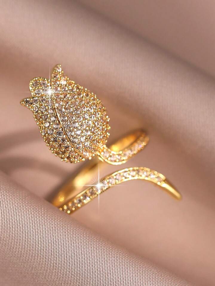 Elegant Tulip Flower Cubic Zirconia Gold Plated Ring