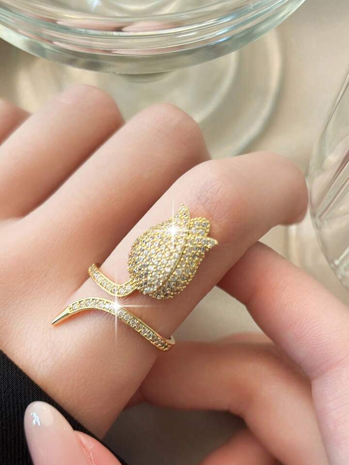 Elegant Tulip Flower Cubic Zirconia Gold Plated Ring