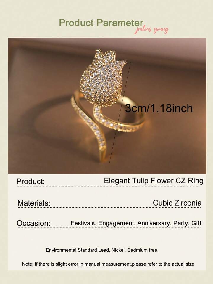 Elegant Tulip Flower Cubic Zirconia Gold Plated Ring