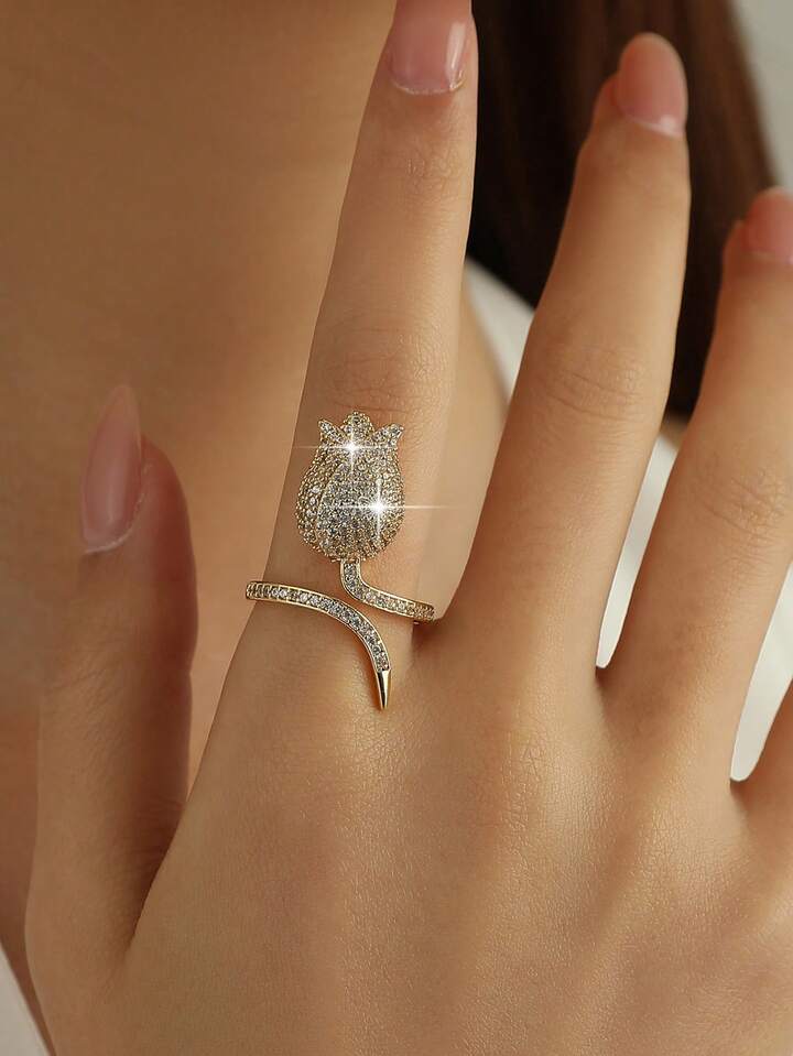 Elegant Tulip Flower Cubic Zirconia Gold Plated Ring