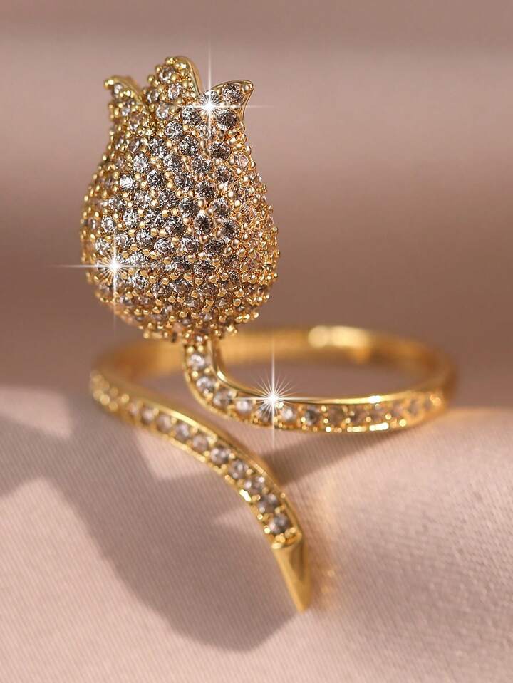Elegant Tulip Flower Cubic Zirconia Gold Plated Ring