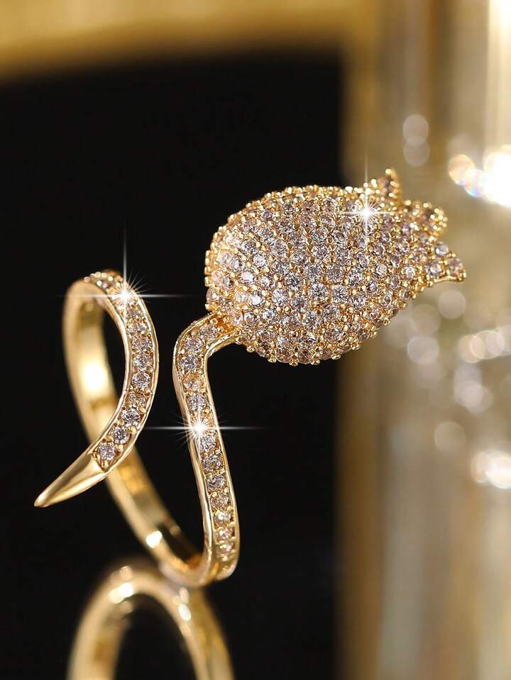 Elegant Tulip Flower Cubic Zirconia Gold Plated Ring