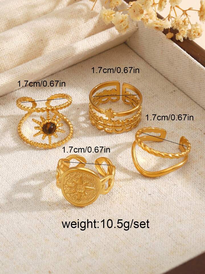 4PCS 18K Gold Plated Star & Sun Open Rings Set
